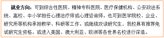 文本框: 就业方向：可到综合性医院、精神专科医院、医疗保健机构、公安政法系统、高校、中小学担任心理治疗师或心理咨询师。也可到医学院校、企业、研究所等机构承担教学、科研等工作。或继续攻读研究生，公司具有推荐免试研究生资格。或进入美国、澳大利亚、欧洲等各世界名校进行深造。
